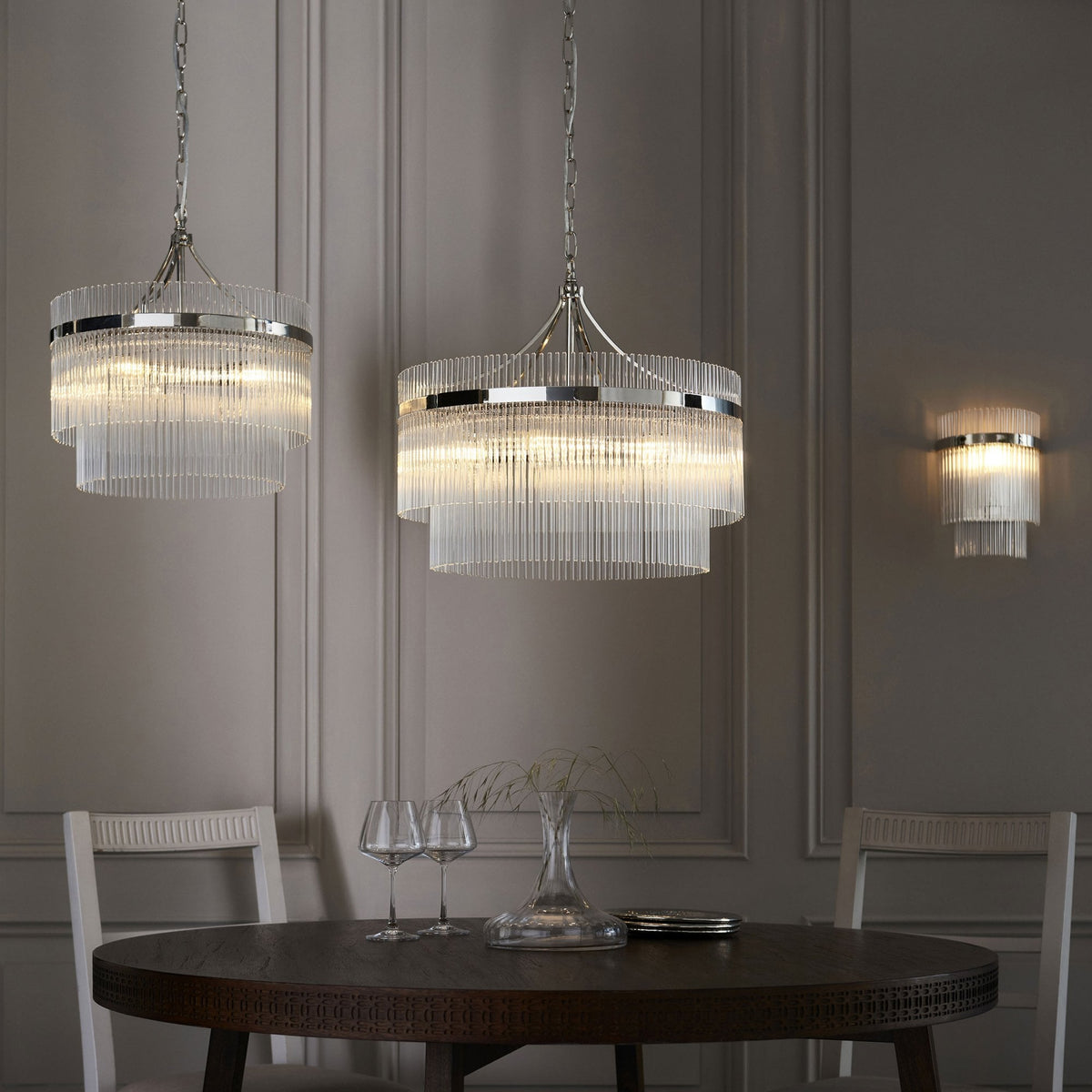 Marietta Five Light Pendant Chandelier in Polished Nickel with Clear Glass Rods