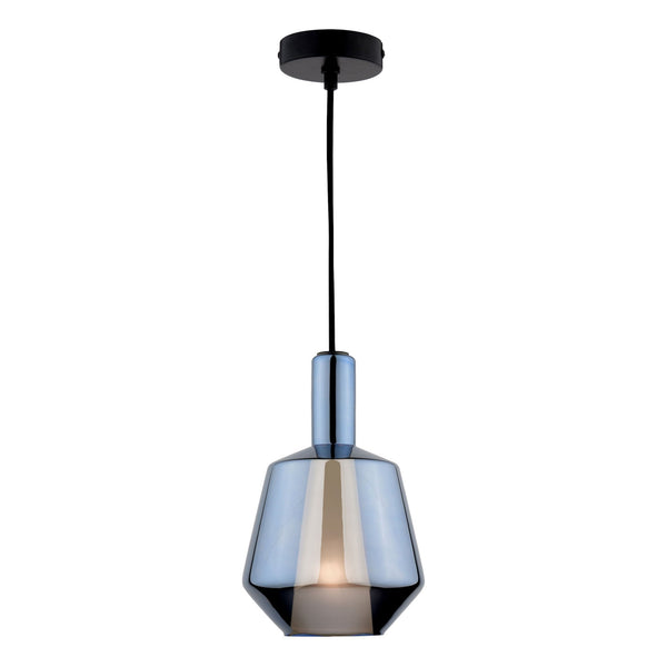 Esmeralda Small Single Pendant In Matt Black With Blue Glass Shade & Inner Opal Diffuser