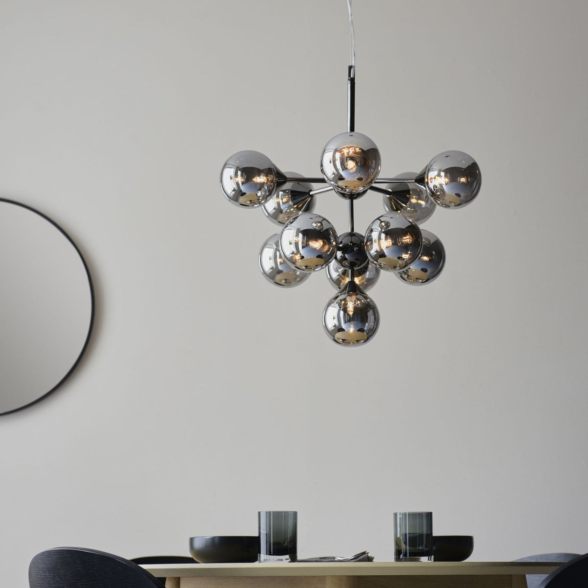 Oscar Eleven Light Pendant in Black with Smoked Mirror Glass Shades