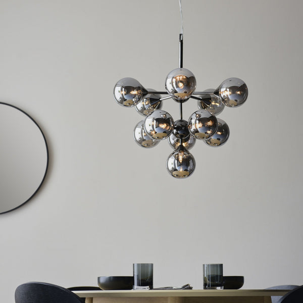 Oscar Eleven Light Pendant in Black with Smoked Mirror Glass Shades