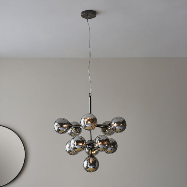 Oscar Eleven Light Pendant in Black with Smoked Mirror Glass Shades