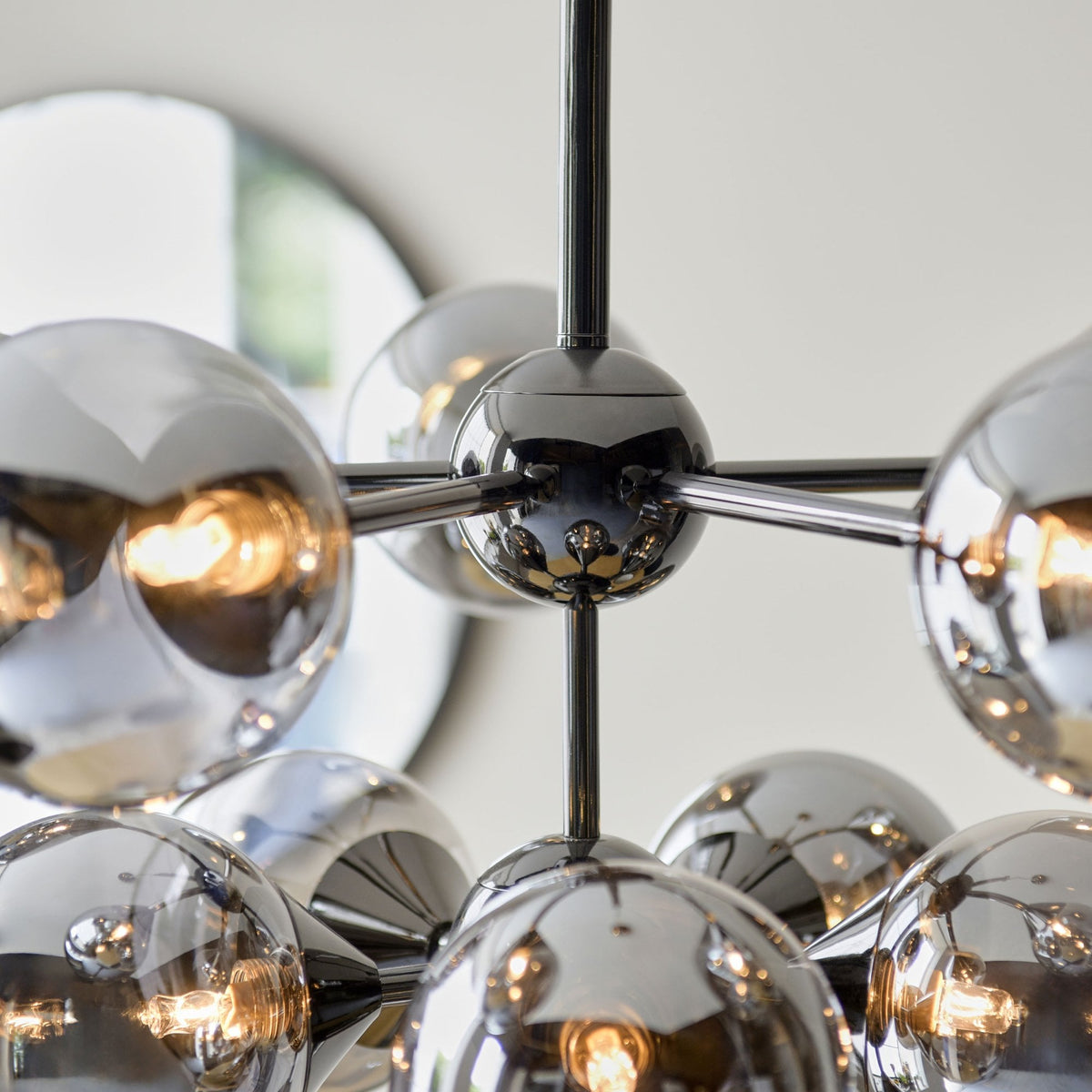 Oscar Eleven Light Pendant in Black with Smoked Mirror Glass Shades