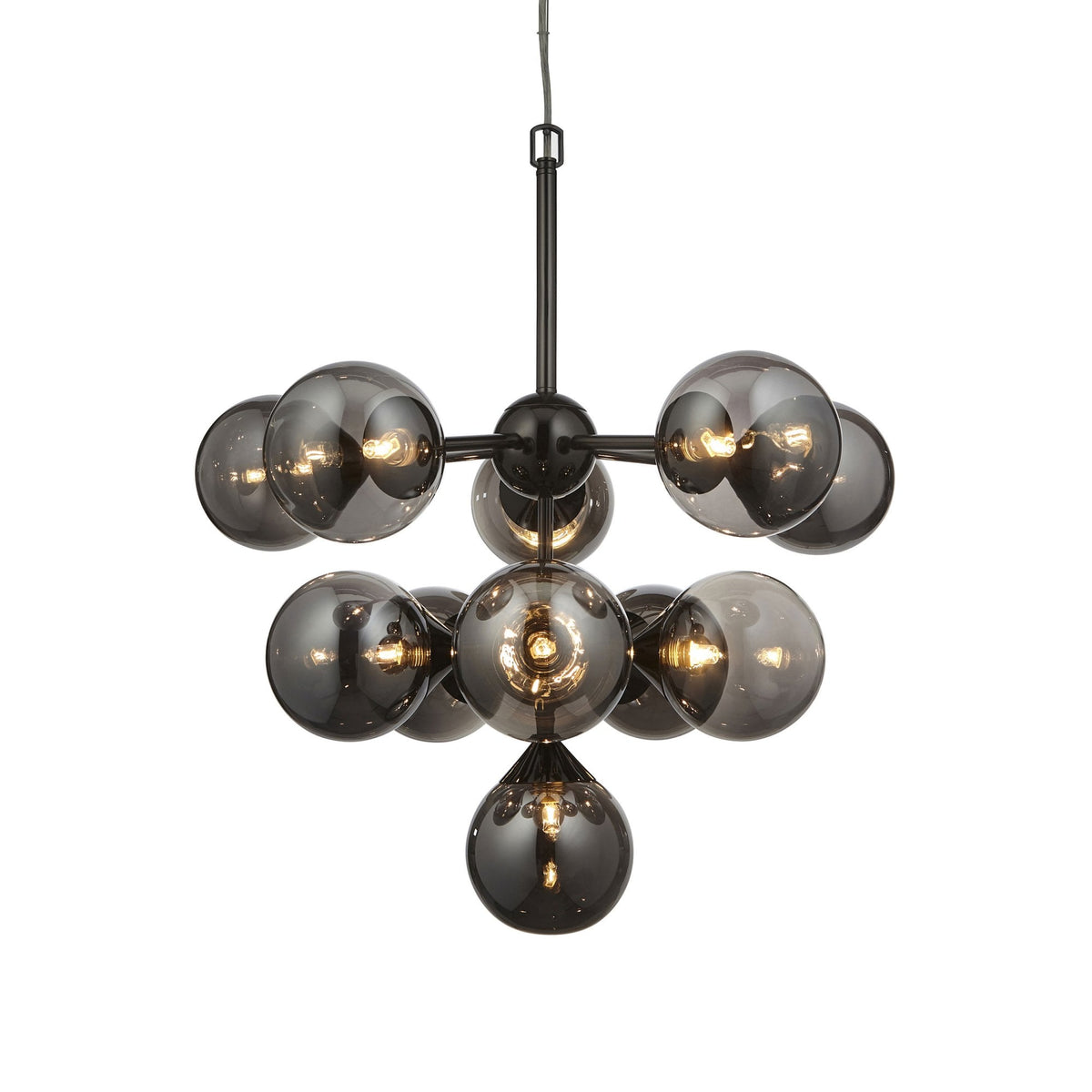 Oscar Eleven Light Pendant in Black with Smoked Mirror Glass Shades