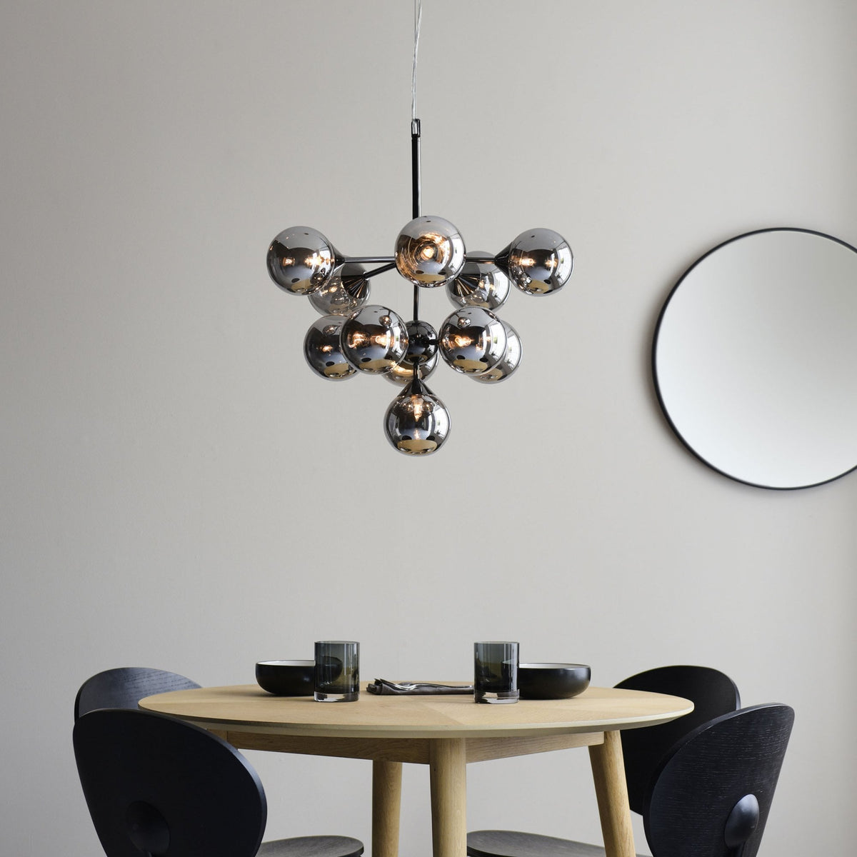 Oscar Eleven Light Pendant in Black with Smoked Mirror Glass Shades