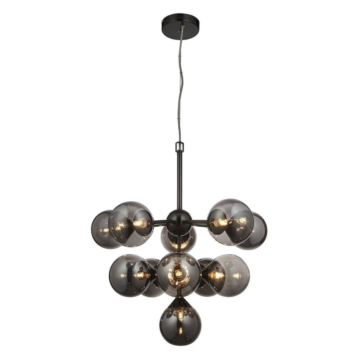 Oscar Eleven Light Pendant in Black with Smoked Mirror Glass Shades