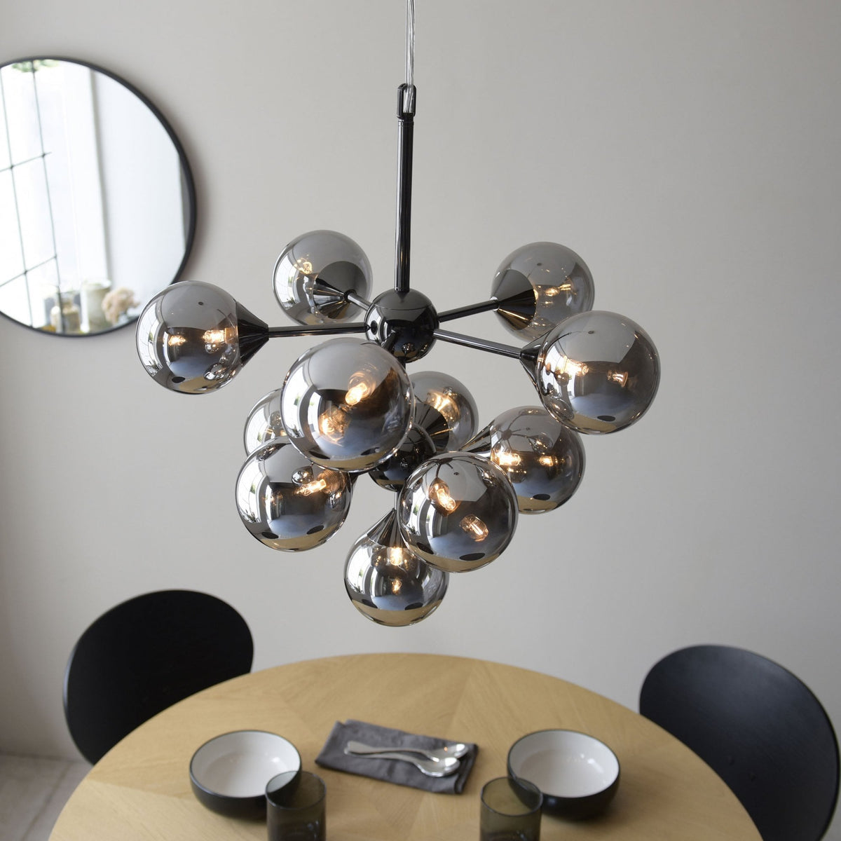 Oscar Eleven Light Pendant in Black with Smoked Mirror Glass Shades