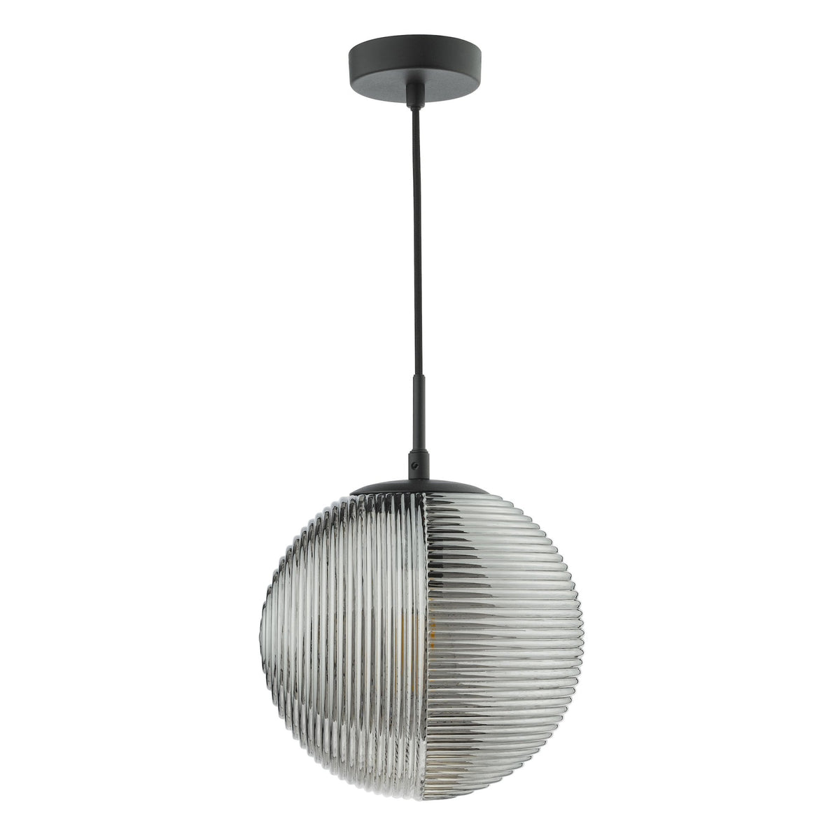 Modern pendant light with a ribbed, clear glass globe shade and black ceiling mount.