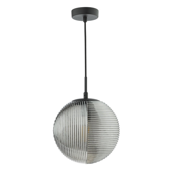 Evander Single Pendant In Matt Black With Smoked Ribbed Glass Shade