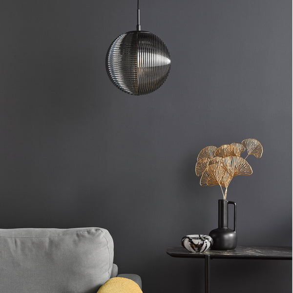 Evander Single Pendant In Matt Black With Smoked Ribbed Glass Shade