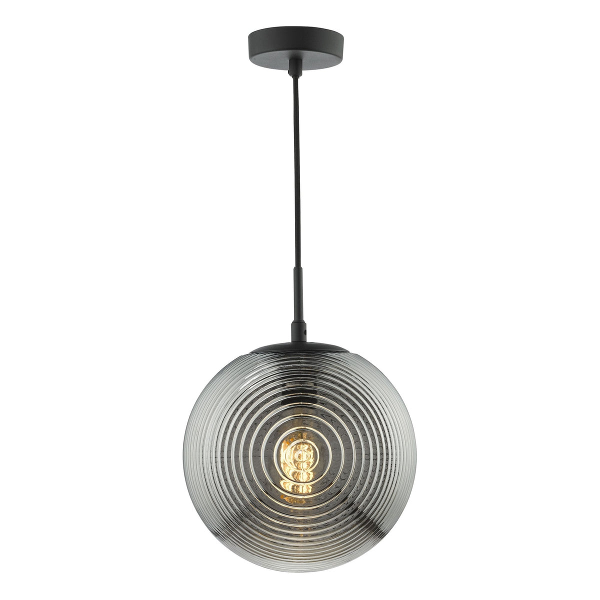 A modern pendant light with a smoked glass globe shade featuring concentric rings, hanging from a black cord.