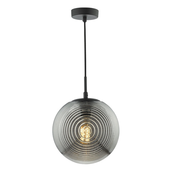 A modern pendant light with a smoked glass globe shade featuring concentric rings, hanging from a black cord.