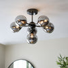 Oscar Six Light Semi Flush in Black with Smoked Mirror Glass Shades
