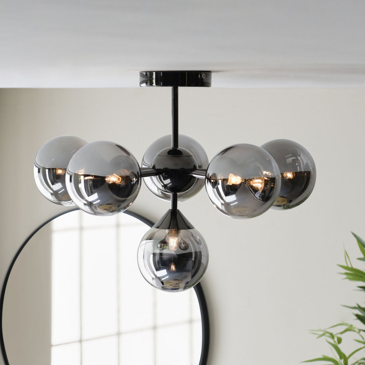 Oscar Six Light Semi Flush in Black with Smoked Mirror Glass Shades