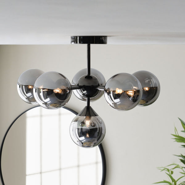 Oscar Six Light Semi Flush in Black with Smoked Mirror Glass Shades