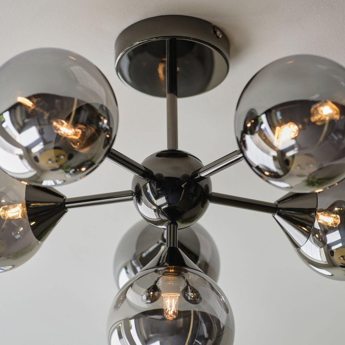 Oscar Six Light Semi Flush in Black with Smoked Mirror Glass Shades