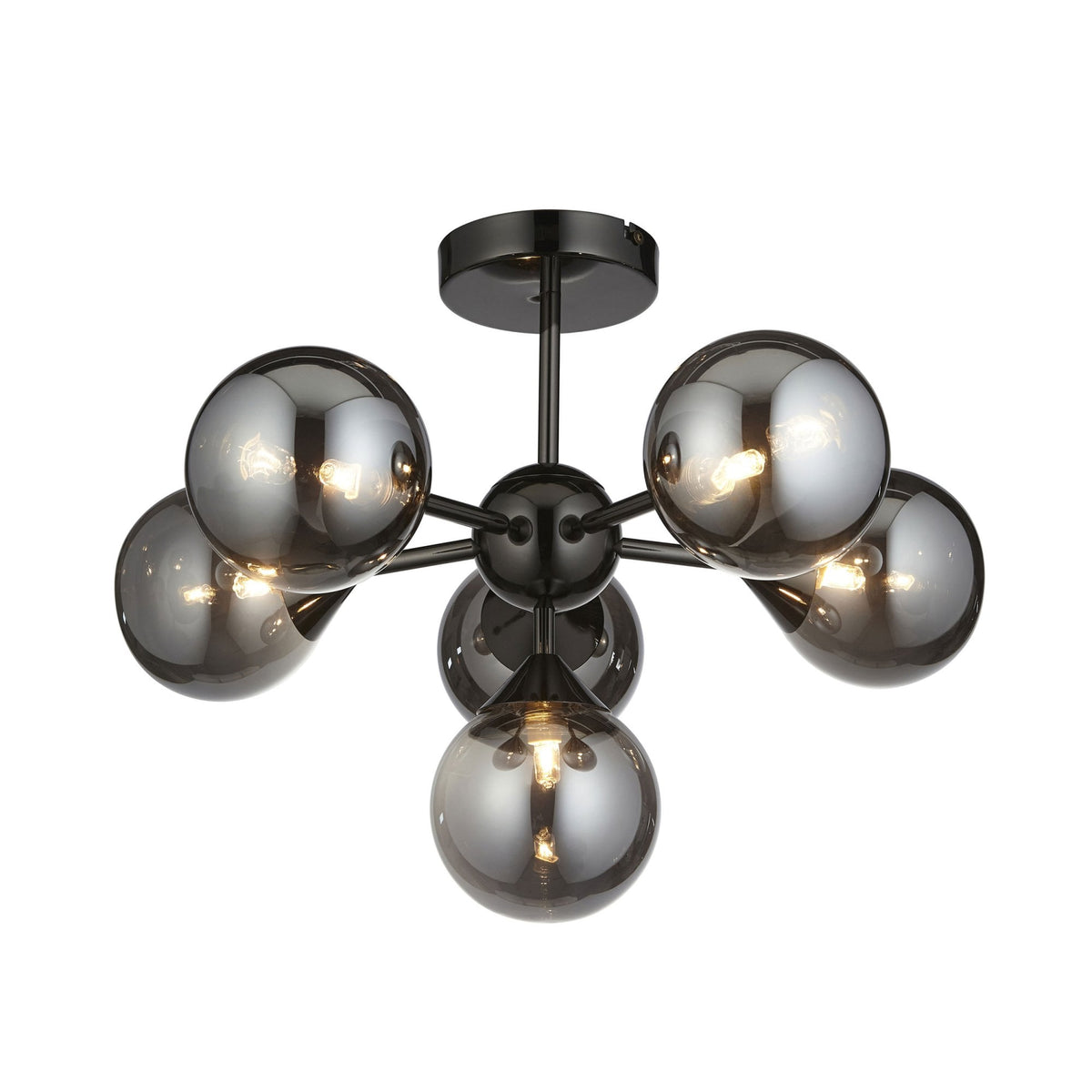Oscar Six Light Semi Flush in Black with Smoked Mirror Glass Shades