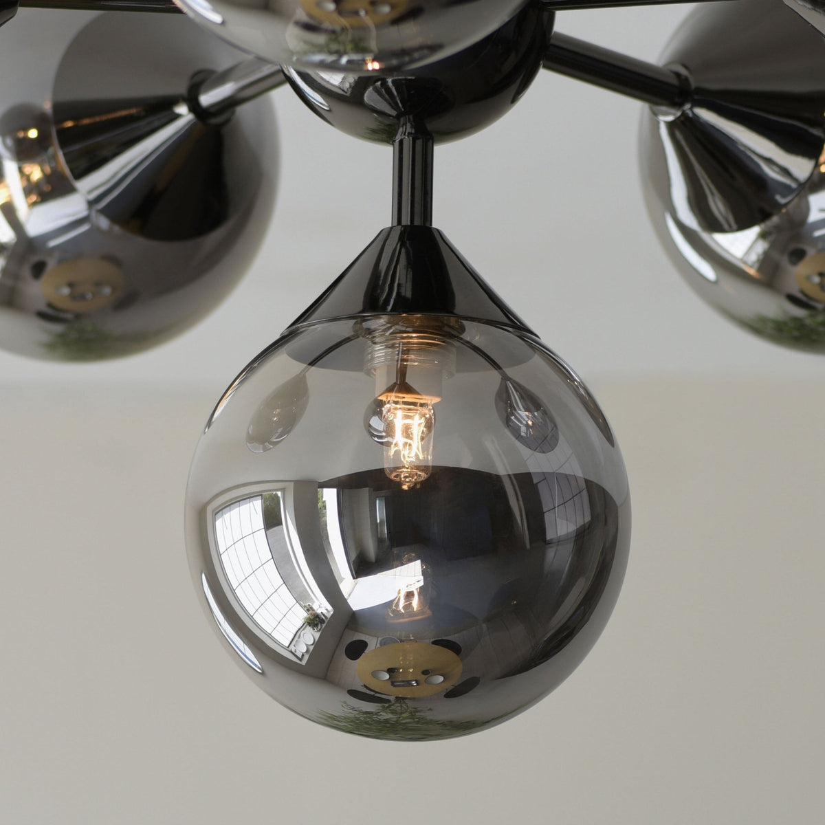 Oscar Six Light Semi Flush in Black with Smoked Mirror Glass Shades