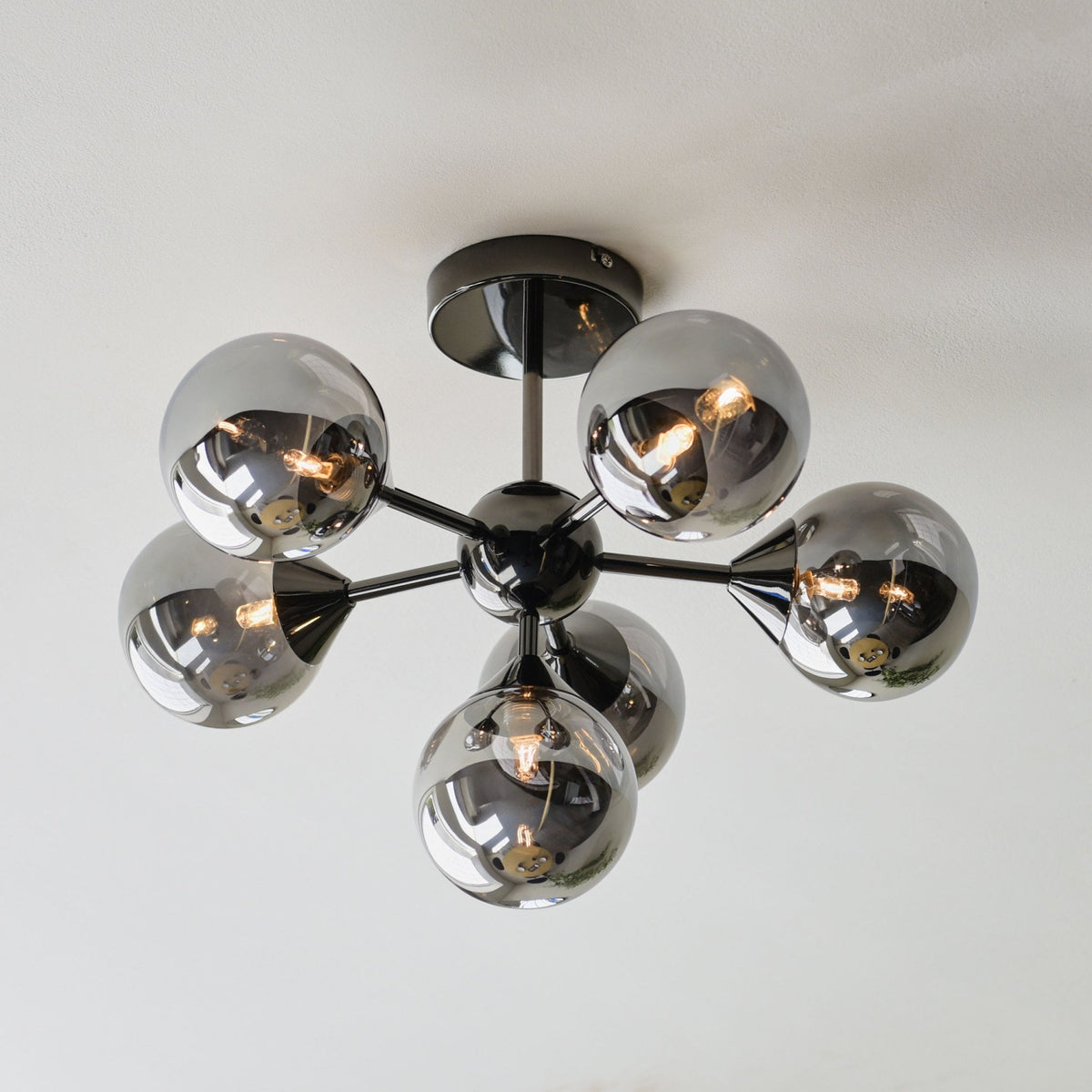 Oscar Six Light Semi Flush in Black with Smoked Mirror Glass Shades