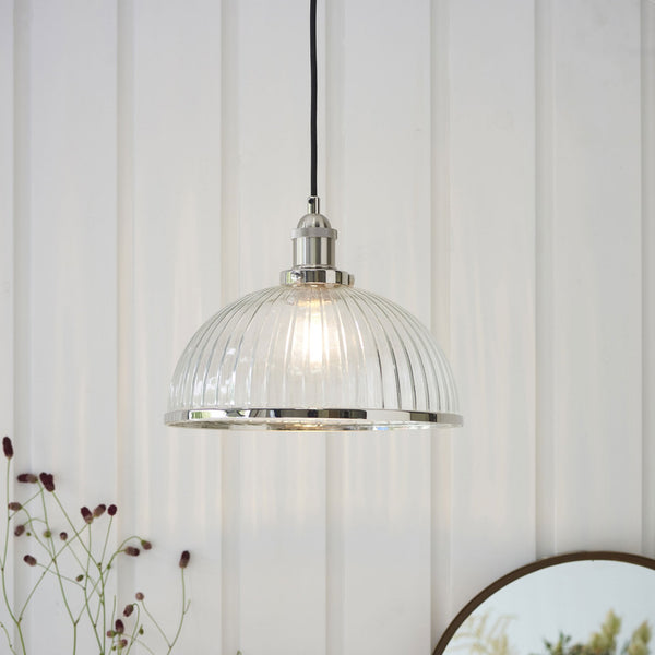 Hansen Single Pendant in Nickel with Vintage Clear Ribbed Glass Shade