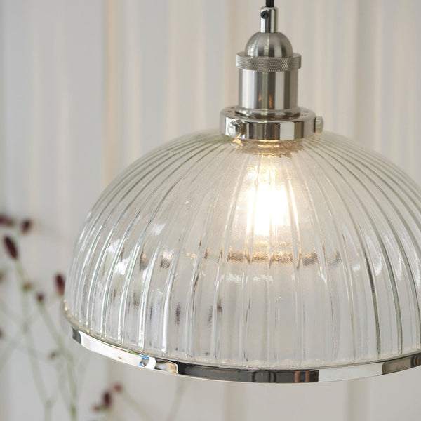 Hansen Single Pendant in Nickel with Vintage Clear Ribbed Glass Shade
