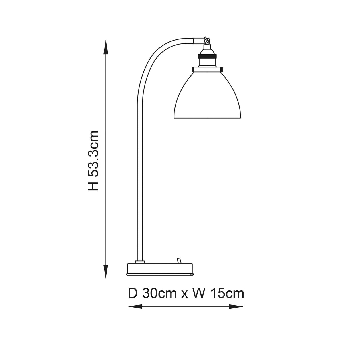Line drawing of the table lamp with dimensions: H 53.3cm, D 30cm, W 15cm.