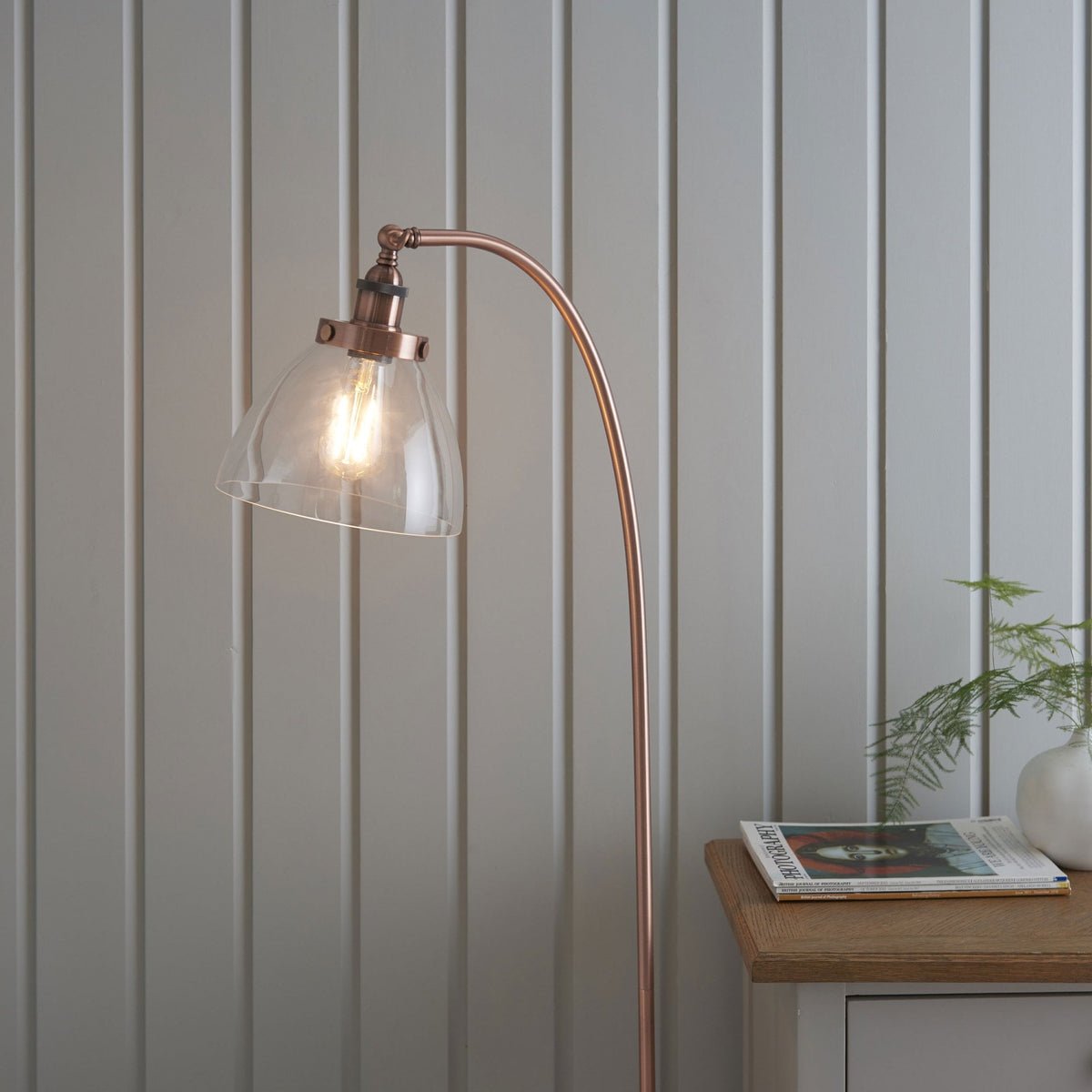 Hansen Task Floor Lamp in Aged Copper and Clear Glass Shade