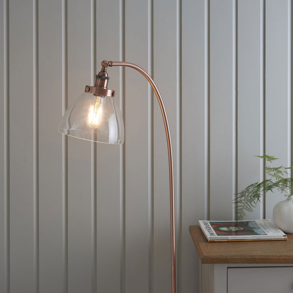 Hansen Task Floor Lamp in Aged Copper and Clear Glass Shade