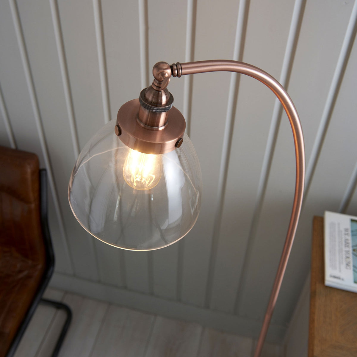 Hansen Task Floor Lamp in Aged Copper and Clear Glass Shade