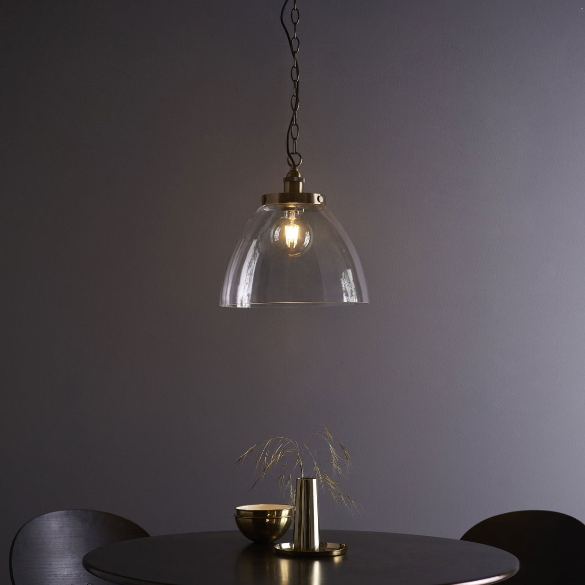 Hansen Grand Single Pendant in Antique Brass with Clear Glass Shade