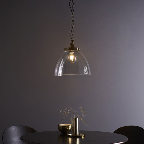 Hansen Grand Single Pendant in Antique Brass with Clear Glass Shade