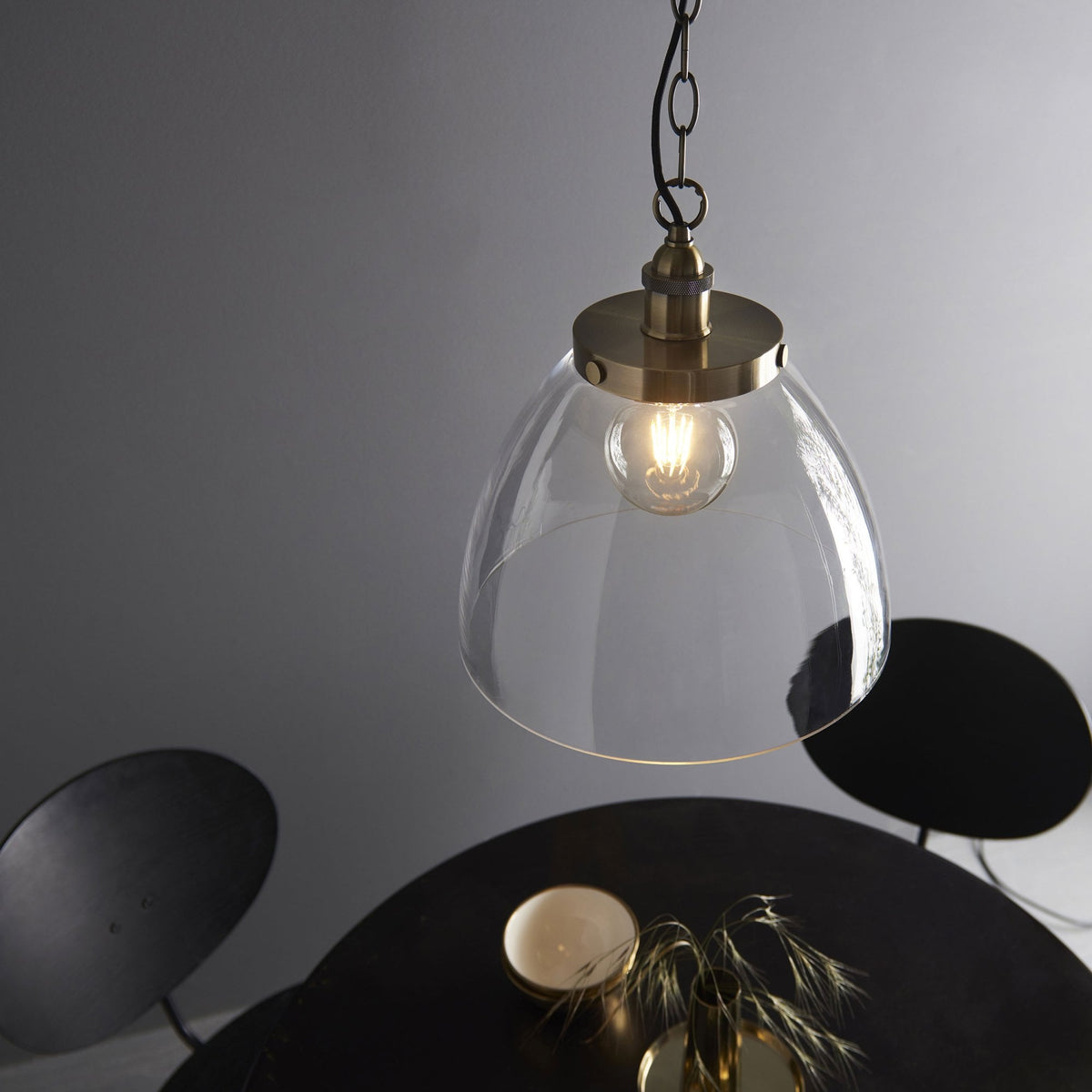 Hansen Grand Single Pendant in Antique Brass with Clear Glass Shade