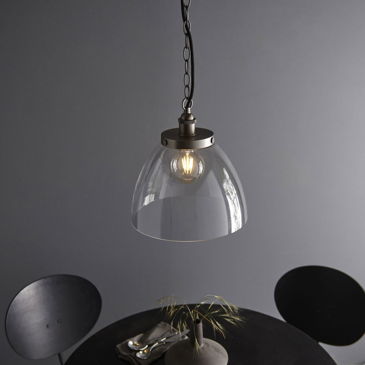 Hansen Grand Single Pendant in Brushed Silver with Clear Glass Shade