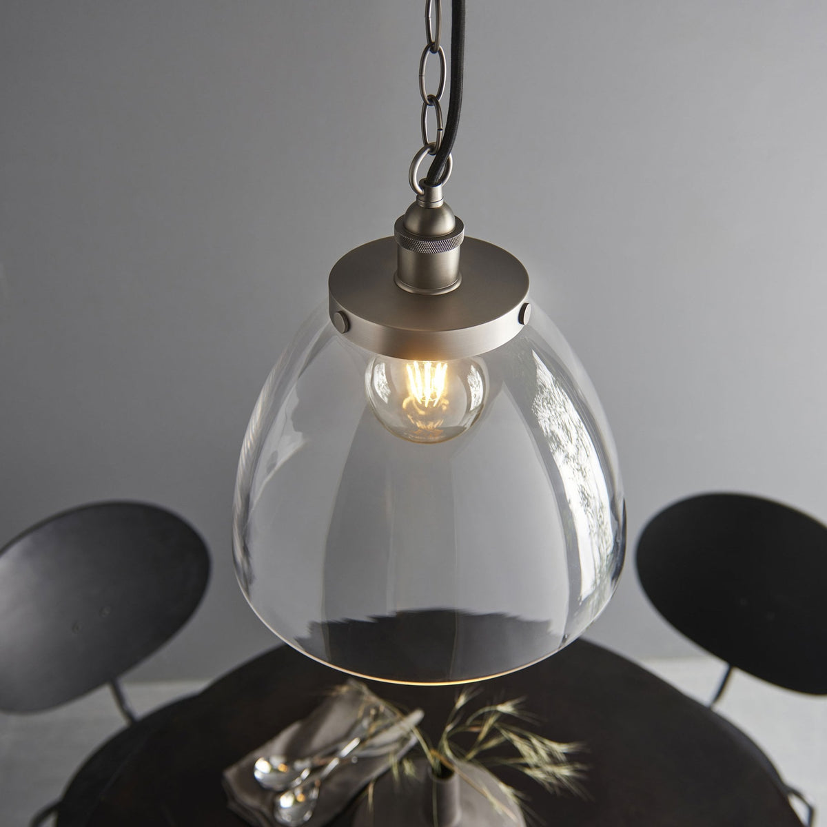 Hansen Grand Single Pendant in Brushed Silver with Clear Glass Shade