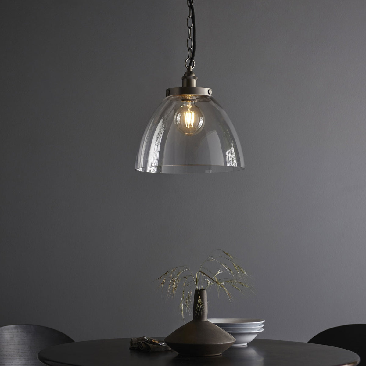 Hansen Grand Single Pendant in Brushed Silver with Clear Glass Shade