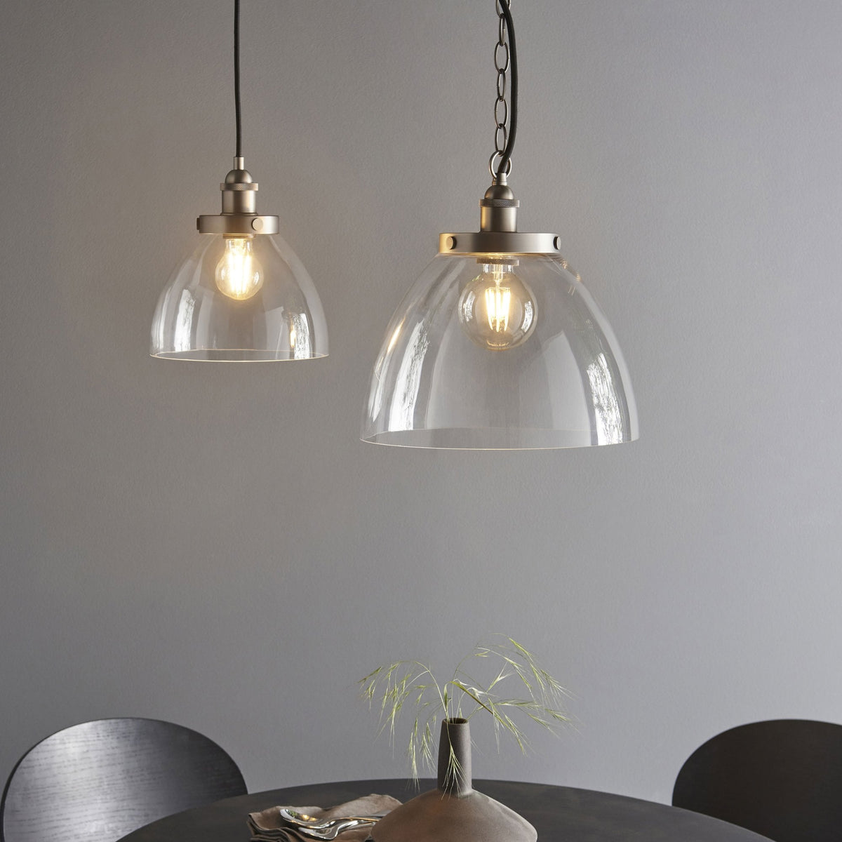 Hansen Grand Single Pendant in Brushed Silver with Clear Glass Shade