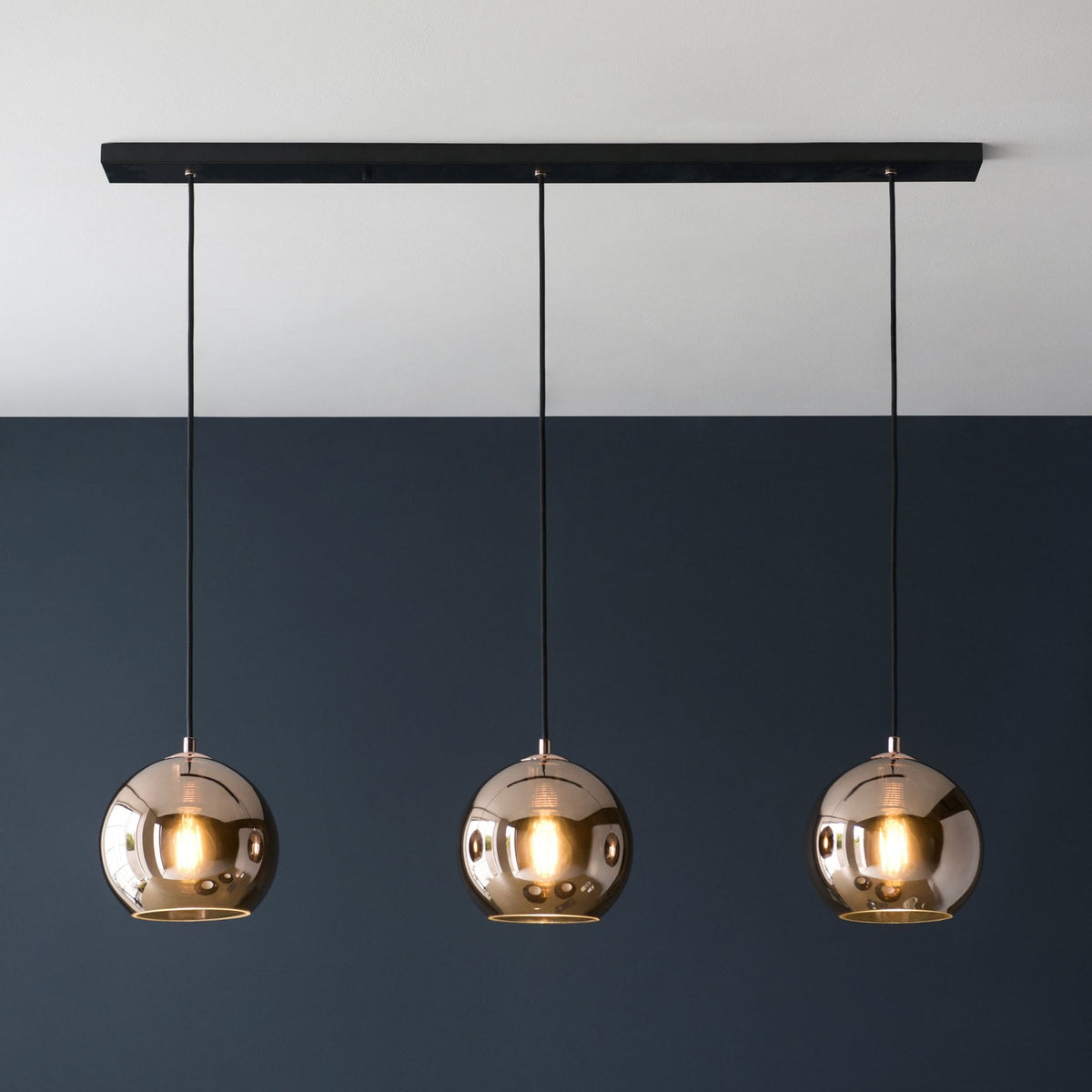 Boli Triple Drop Linear Pendant in Matt Black with Copper Mirrored Glass Shades