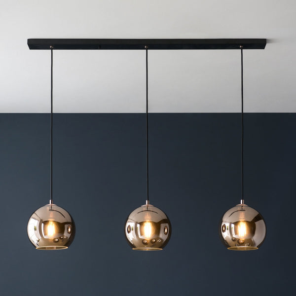 Boli Triple Drop Linear Pendant in Matt Black with Copper Mirrored Glass Shades
