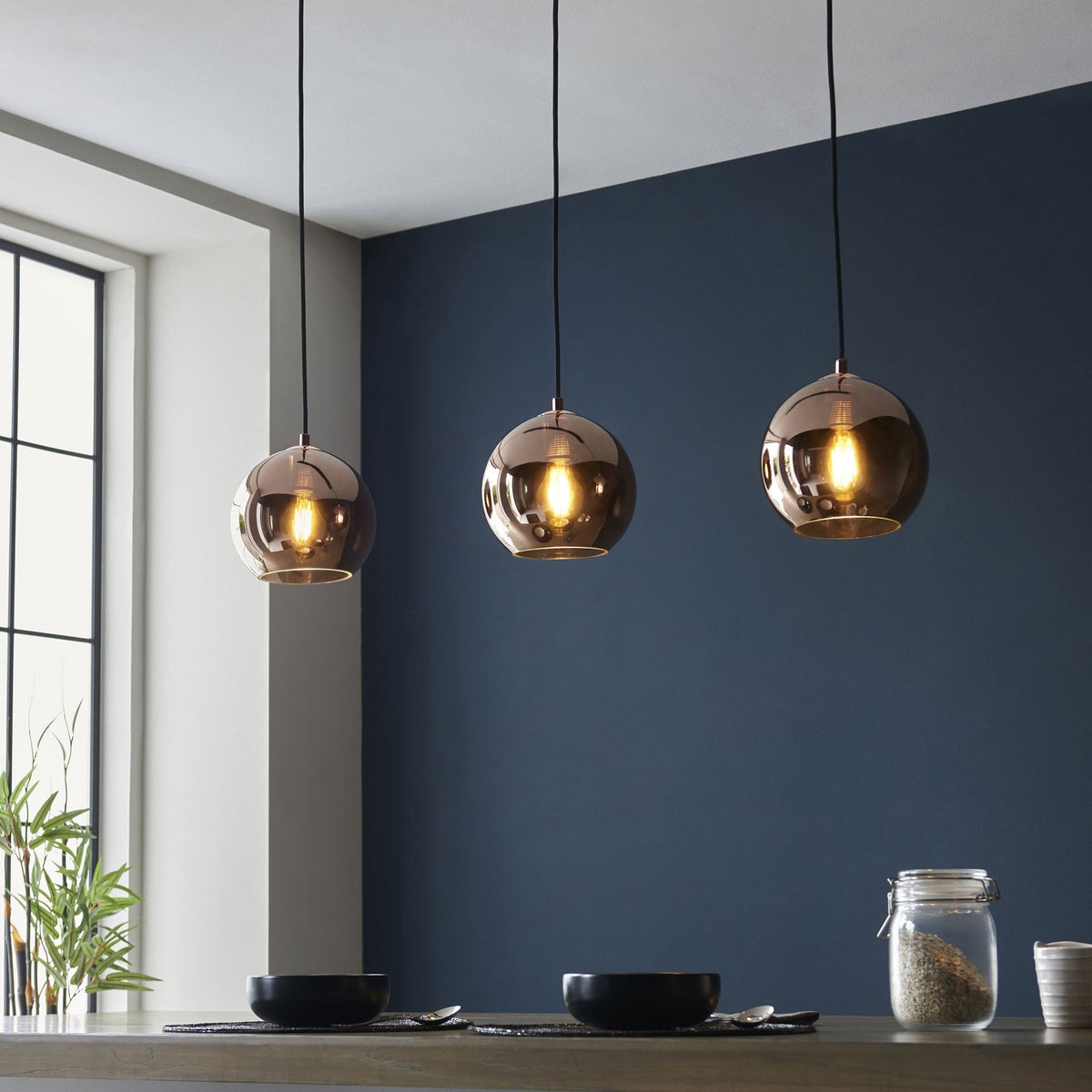 Boli Triple Drop Linear Pendant in Matt Black with Copper Mirrored Glass Shades