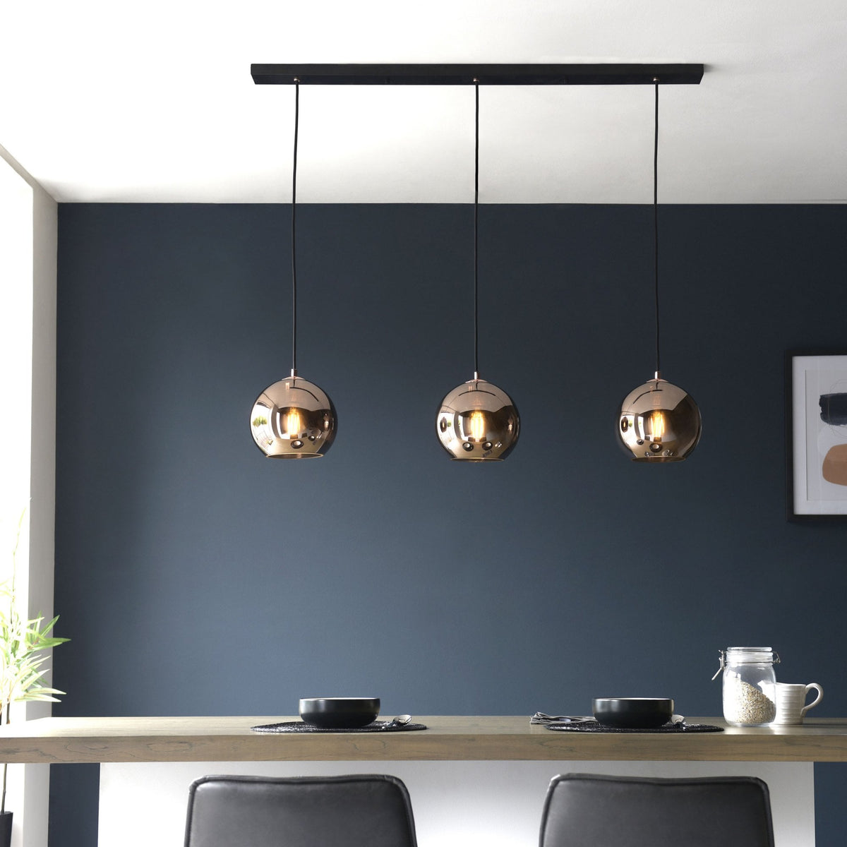 Boli Triple Drop Linear Pendant in Matt Black with Copper Mirrored Glass Shades