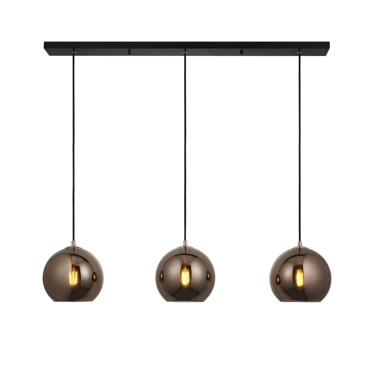 Boli Triple Drop Linear Pendant in Matt Black with Copper Mirrored Glass Shades
