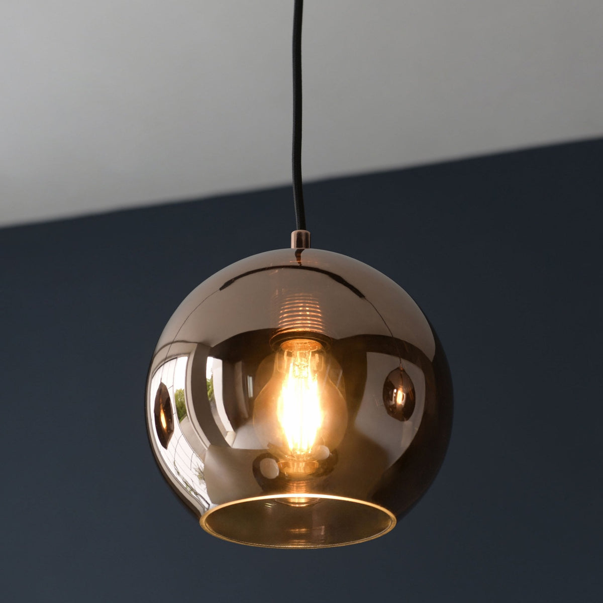 Boli Triple Drop Linear Pendant in Matt Black with Copper Mirrored Glass Shades