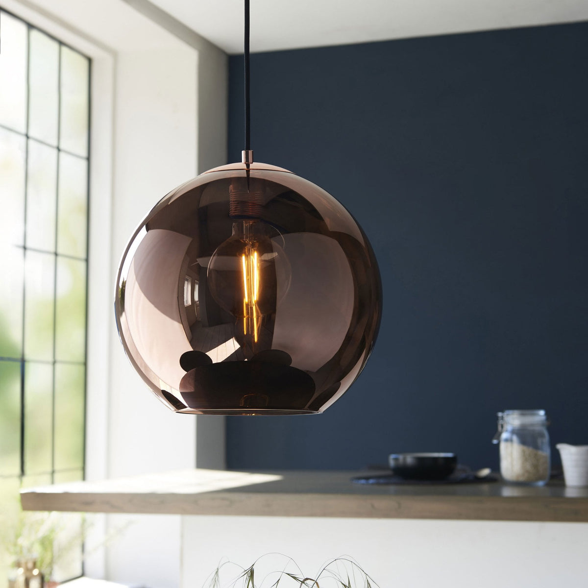 Boli Single Drop Pendant in Matt Black with Copper Mirrored Glass Shade