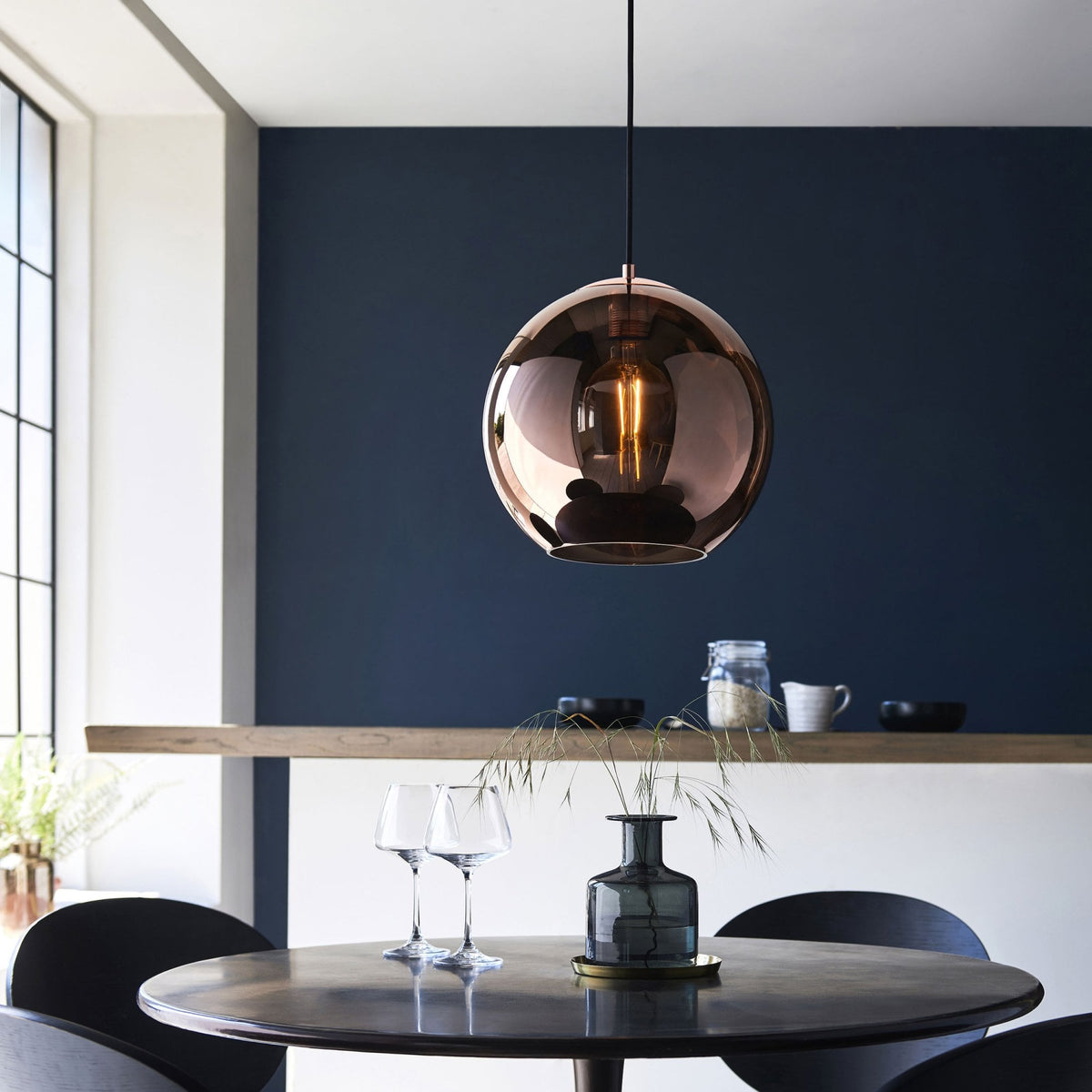Boli Single Drop Pendant in Matt Black with Copper Mirrored Glass Shade