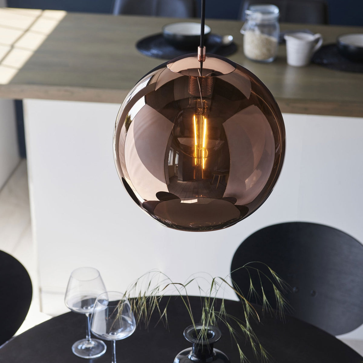 Boli Single Drop Pendant in Matt Black with Copper Mirrored Glass Shade