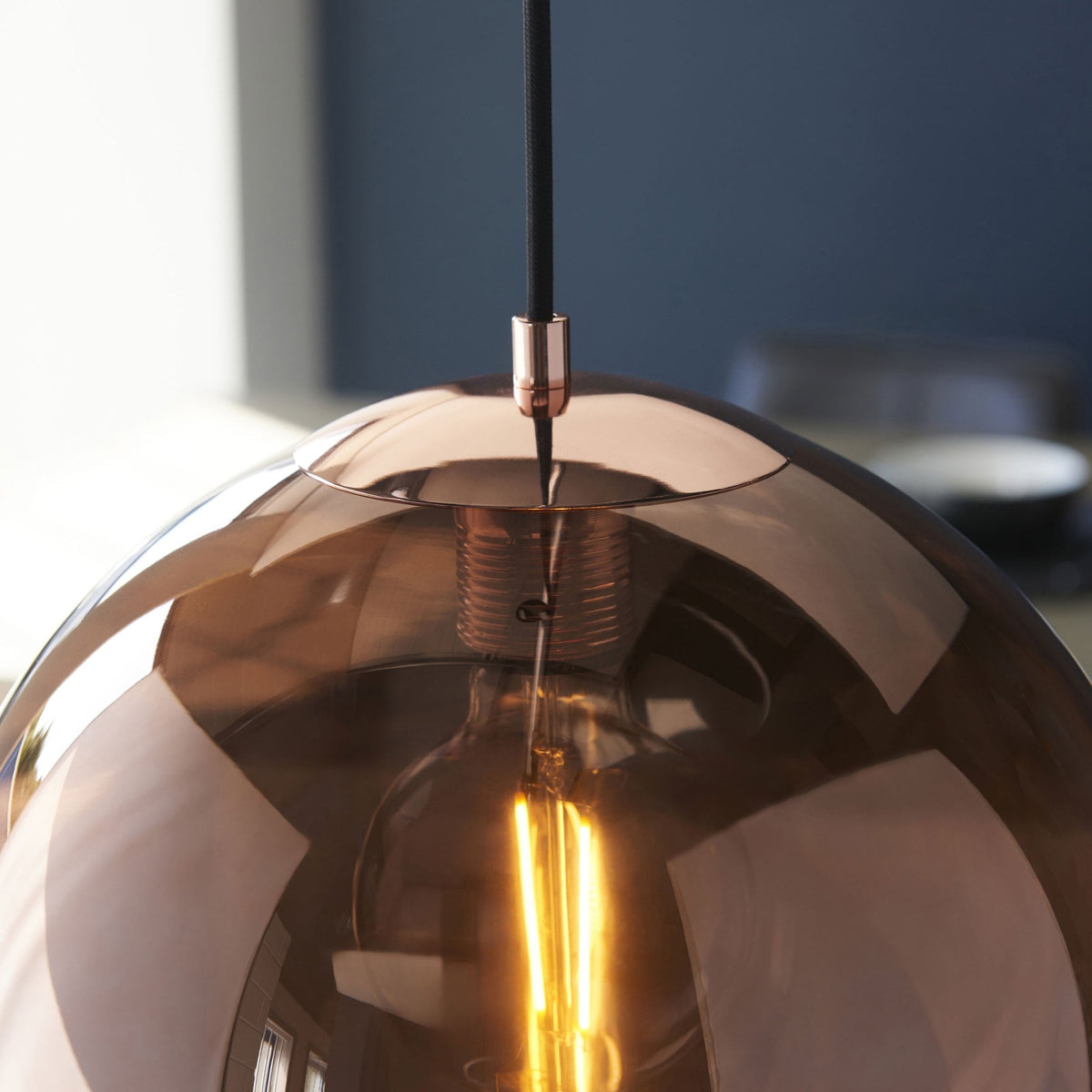 Boli Single Drop Pendant in Matt Black with Copper Mirrored Glass Shade