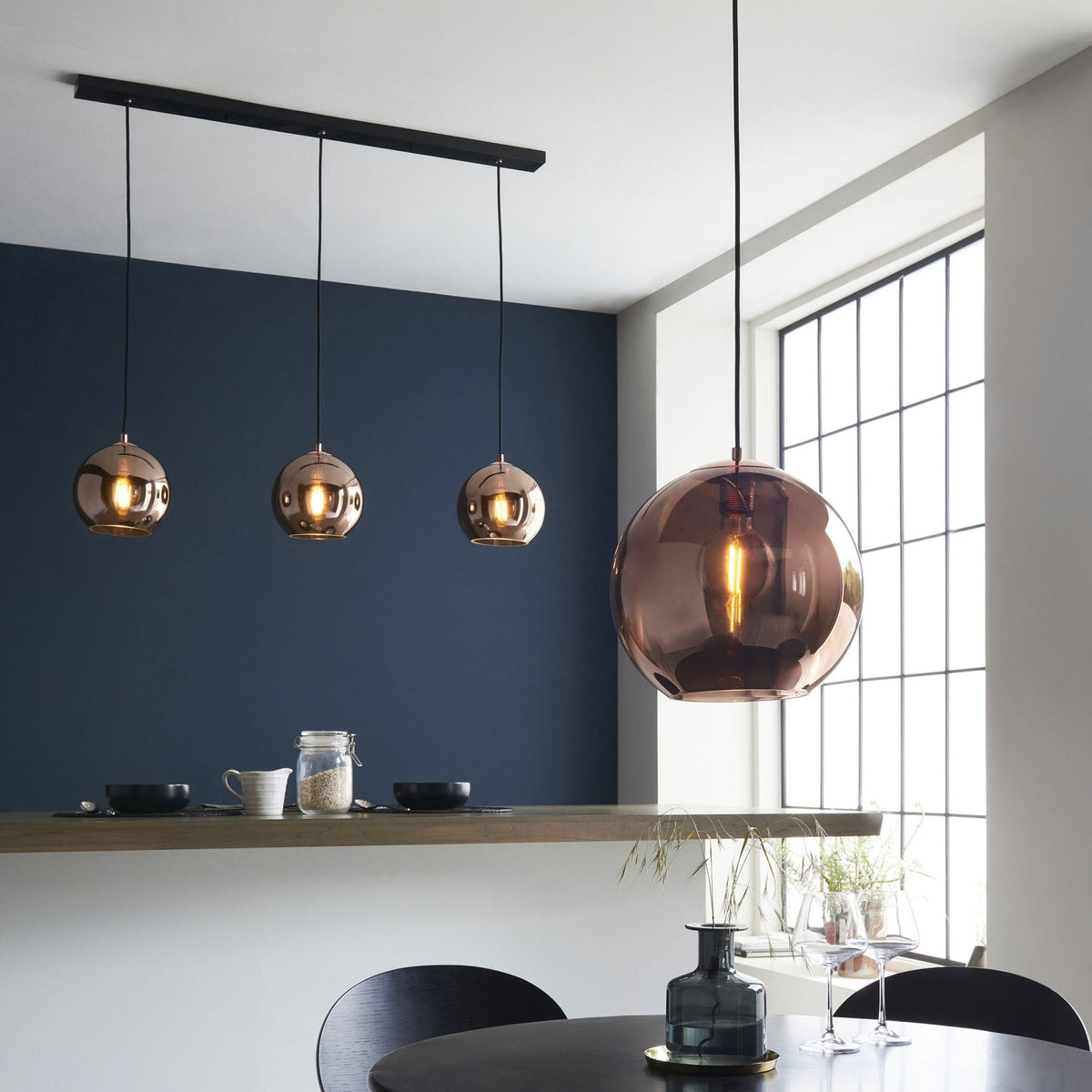 Boli Single Drop Pendant in Matt Black with Copper Mirrored Glass Shade