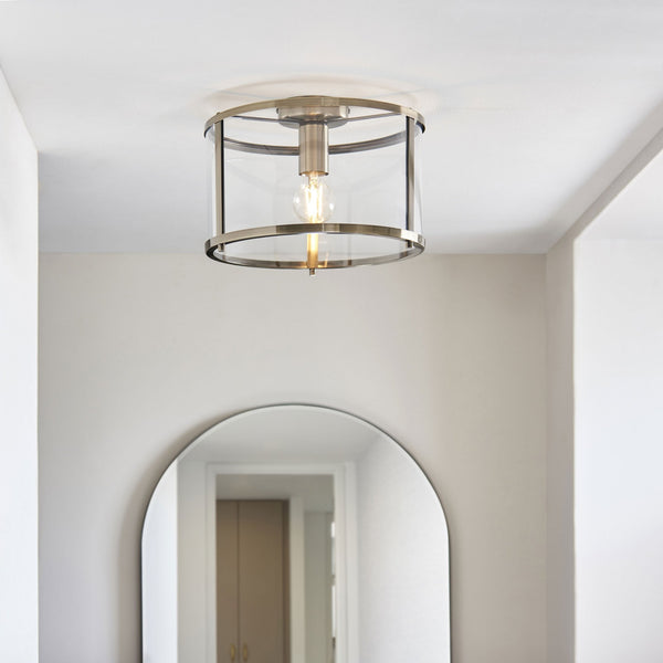 Hopton Flush Ceiling Light in Antique Brass & Clear Glass