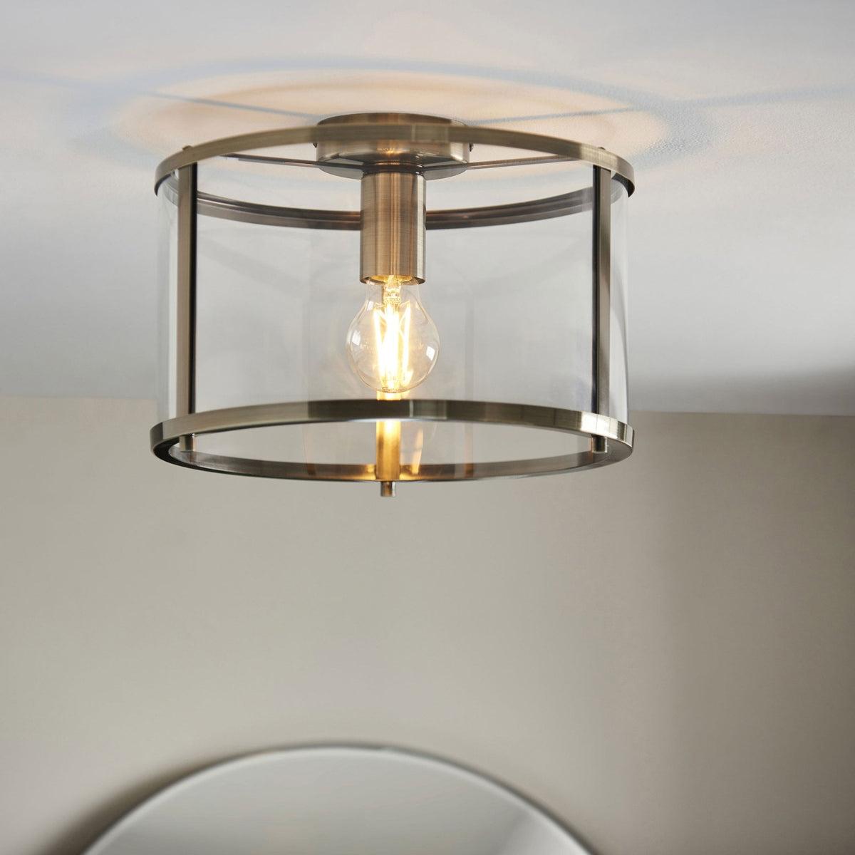 Hopton Flush Ceiling Light in Antique Brass & Clear Glass
