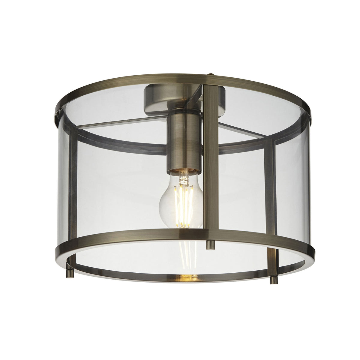 Hopton Flush Ceiling Light in Antique Brass & Clear Glass