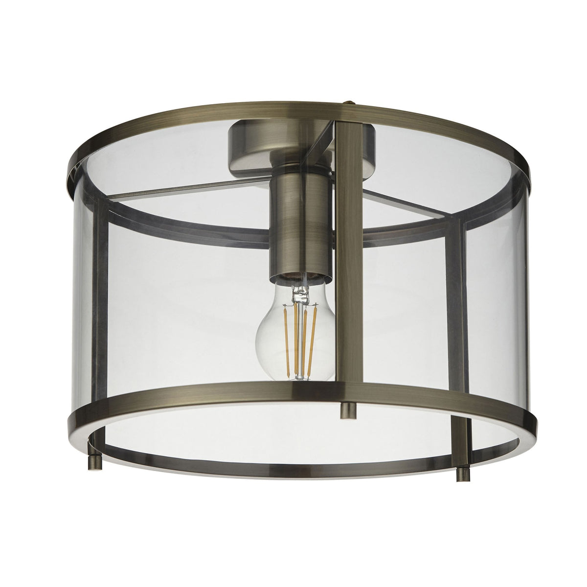 Hopton Flush Ceiling Light in Antique Brass & Clear Glass